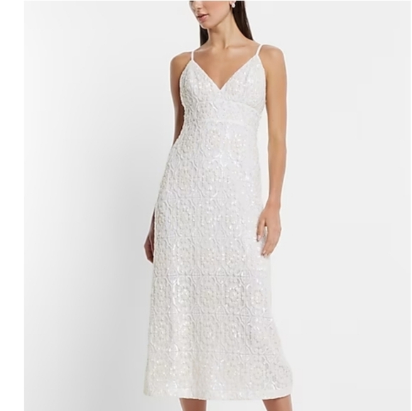 Express Bridal Ivory Sequin Over Lace Embellished Statement Evening Dress - Picture 17 of 17